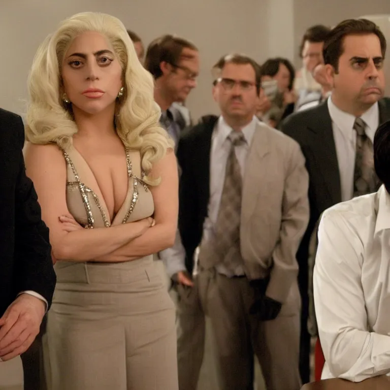 Prompt: confused lady gaga looking at the camera, from the office ( 2 0 0 5 ), detailed background, in the middle of dwight schrute and michael scott. uhd, low light, cinematic, realistic, clear face, clear eyes.