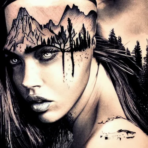 Prompt: tattoo design sketch with double exposure effect, megan fox face faded with beautiful mountain scenery, in the style of matteo pasqualin, amazing detail, mash up