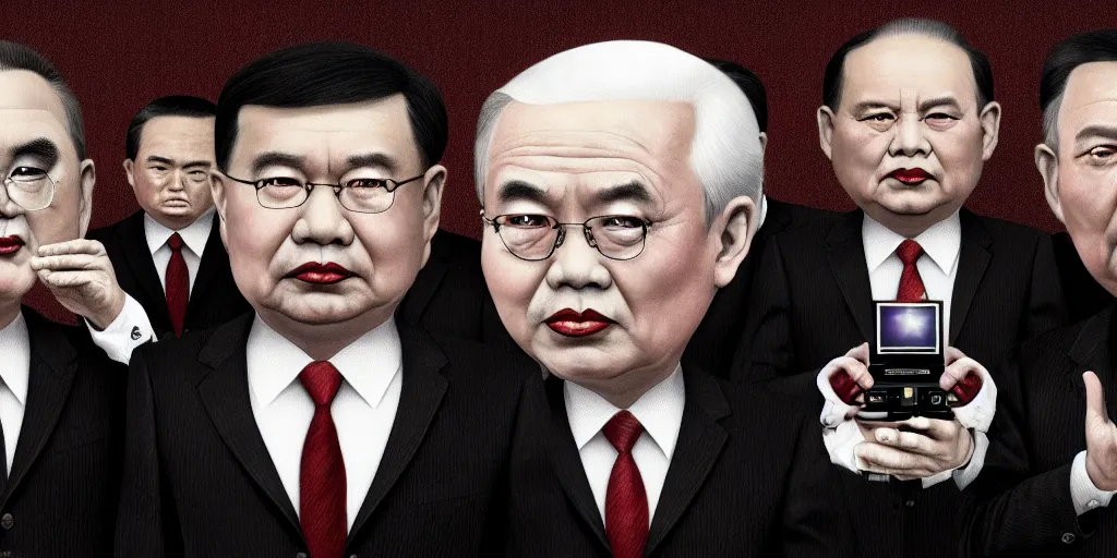 Prompt: whitehouse politicians in black handing over technology to the ccp, inspired by mark ryden, concept art, digital art