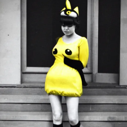 Prompt: elegant woman dressed up as pikachu, wearing stockings, photo by David Hamilton,