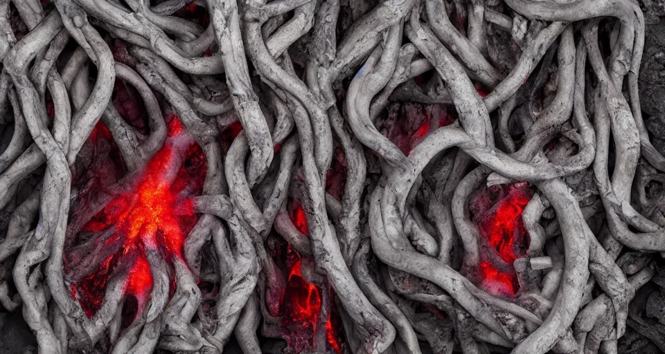 Image similar to a volcano made of ivory vines and crimson rocks enters in eruption, it spits a smoke in the shape of demonic eye, by Alyssa Monks