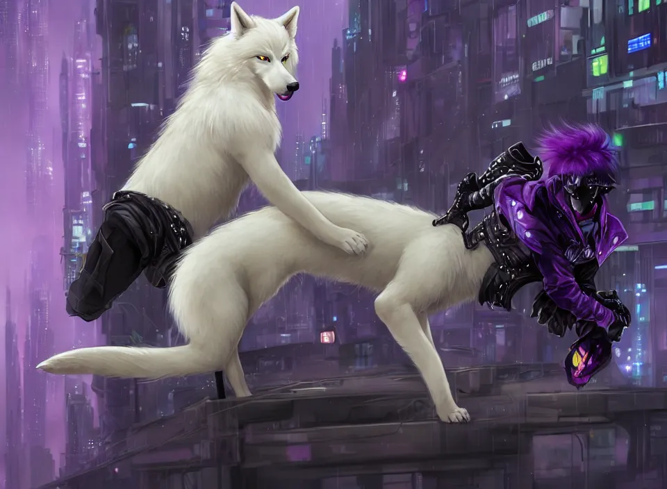 Image similar to award winning beautiful portrait commission of a male furry anthro albino wolf fursona with a tail and a cute beautiful attractive detailed furry face wearing stylish black, purple and yellow cyberpunk biker clothes standing on top of a high rise in a cyberpunk city at night while it rains. Character design by charlie bowater, ross tran, artgerm, and makoto shinkai, detailed, inked, western comic book art