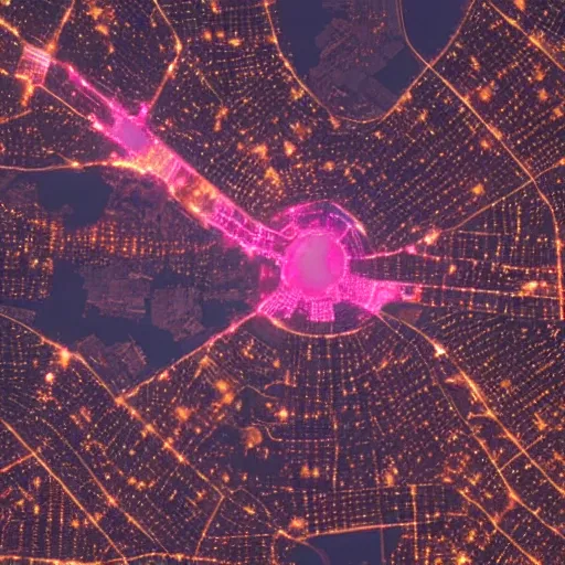 Image similar to satellite view of a metropolis at night, pink lighting