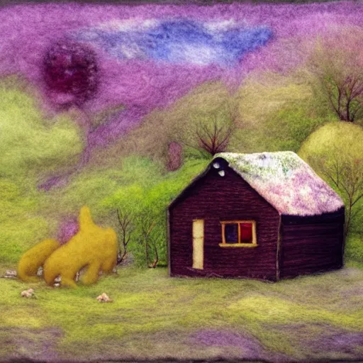 Prompt: small wooden house in the middle of spring forest, bright colours, watercolor, volumetric wool felting, macro photography, children illustration, by michael sowa