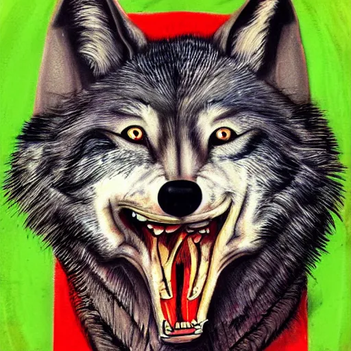 Image similar to realistic portrait of retarded wolf, eyes in different directions, vivid colors, propaganda style, it looks sick, very ugly face, missing teeth