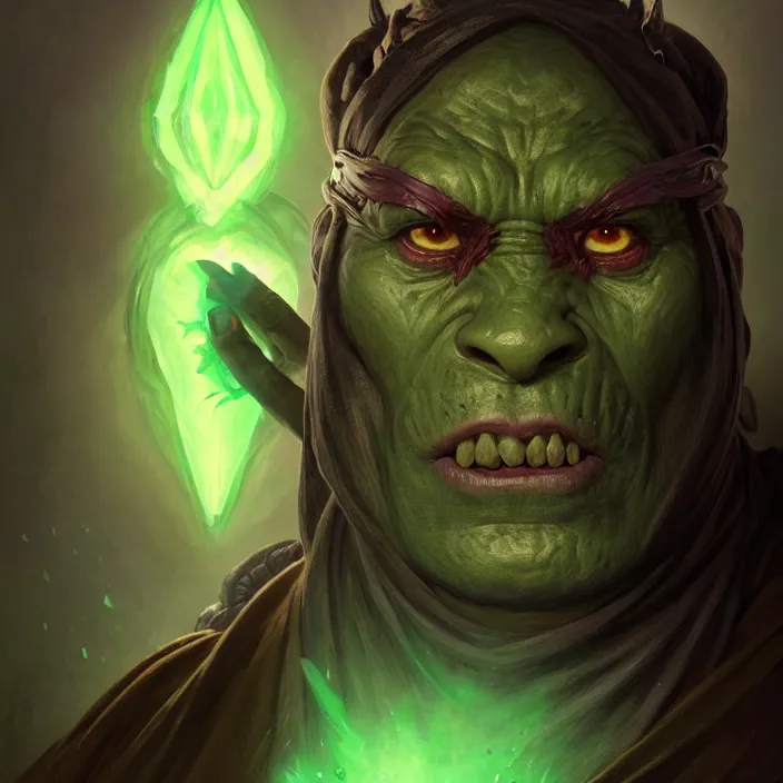 Image similar to “portrait of an orc (green skin) oracle wearing robes and a blindfold, D&D character, highly detailed, digital fantasy character painted portrait, artstation, concept art, sharp focus, illustration, art by artgerm and greg rutkowski and alphonse mucha and craig mullins and James Jean and Andrei Riabovitchev and Marc Simonetti and peter mohrbacher”