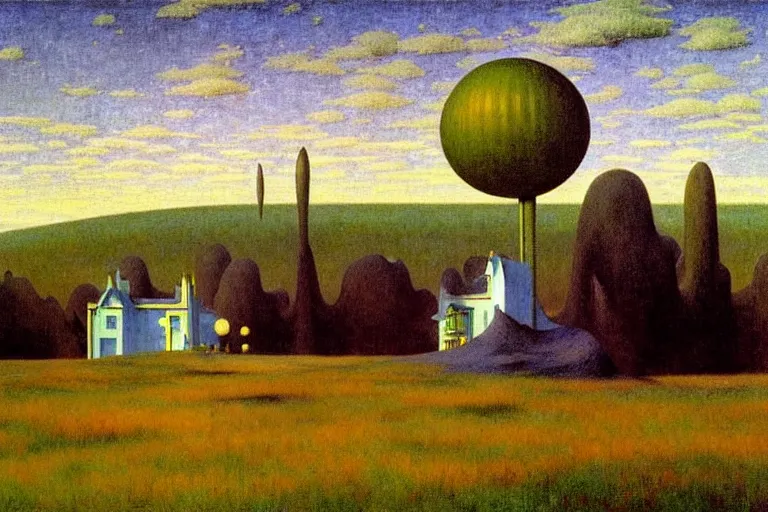 Image similar to realistic detailed landscape painting a single edward hopper house in a plain field, single ufo in the sky, futuristic sci-fi forest on background by Jean Delville, Amano, Yves Tanguy, Alphonse Mucha, Ernst Haeckel, Edward Robert Hughes, Roger Dean, rich moody colours, blue eyes