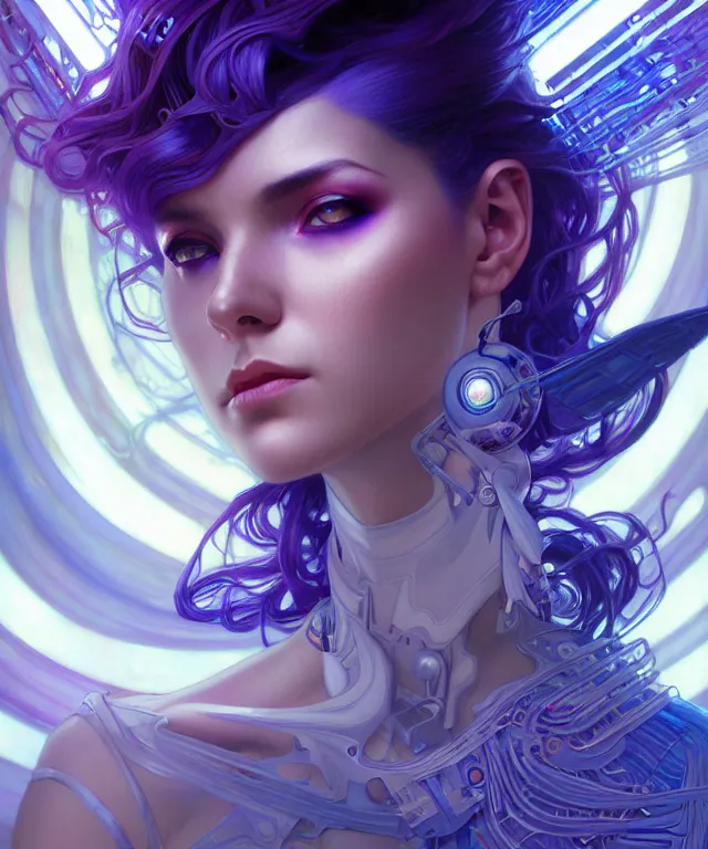 Image similar to Synthesizer and drum machine musician, sci-fi, fire eyes, face, blue and purple hair, fantasy, intricate, elegant, highly detailed, digital painting, artstation, concept art, smooth, sharp focus, illustration, art by artgerm and greg rutkowski and alphonse mucha