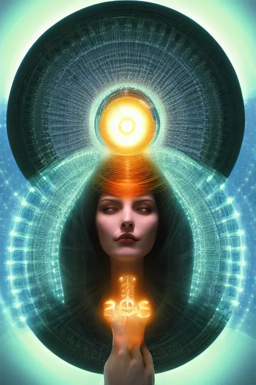 Prompt: a centered render of a goddess emitting a glorious energy from a circular portal on her head and is surrounded by spiral mandel bulb fractals, powerful, cinematic, beautifully lit, by artgerm, by karol bak, 3 d, trending on artstation, octane render, 8 k