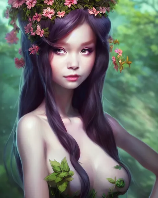 Image similar to character concept art of ssunbiki as a dryad | | foliage clothing, cute - fine - face, pretty face, realistic shaded perfect face, fine details by stanley artgerm lau, wlop, rossdraws, james jean, andrei riabovitchev, marc simonetti, and sakimichan, tranding on artstation