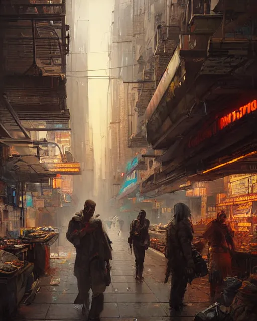 Image similar to a highly detailed epic cinematic concept art CG render digital painting artwork: cyberpunk street market. By Greg Rutkowski, in the style of Francis Bacon and Syd Mead and Norman Rockwell and Beksinski, open ceiling, highly detailed, painted by Francis Bacon and Edward Hopper, painted by James Gilleard, surrealism, airbrush, Ilya Kuvshinov, WLOP, Stanley Artgerm, very coherent, triadic color scheme, art by Takato Yamamoto and James Jean