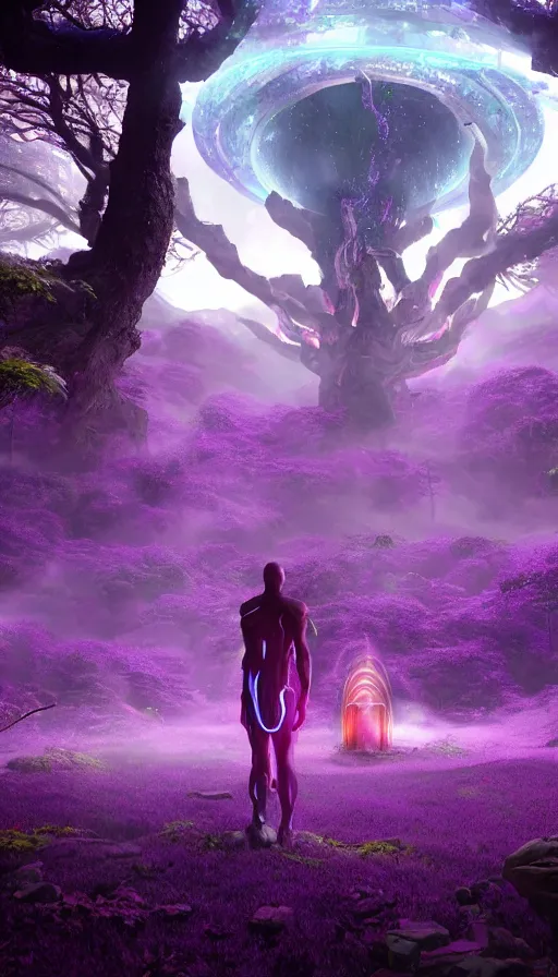 Image similar to a future scifi ancient god on the middle of a purple forest holding a portal that's about to explode, sweat drops, insane, highly detailed, smooth, sharp focus, Unreal Engine 5, 8K, art by Akira Toriyama