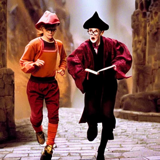 Prompt: Rincewind teaches Harry Potter on how to run, a scene from Harry Potter and the Chamber of Secrets