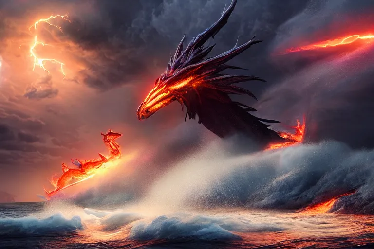 Image similar to fire dragon with lightnings and smoke is fighting against giant water monster with huge waves, CGsociety, full length, exquisite detail, post-processing, masterpiece, volumetric lighting, cinematic, hypermaximalistic, high details, cinematic, 8k resolution, beautiful detailed, insanely intricate details, sharp edges, smooth focus, low angle, tilted