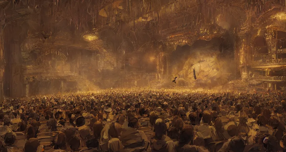 Image similar to craig mullins and ghibli digital art of inside the grand theater, a large audience, on the stage, masked female violinists, exotic costumes, gold jewelry, black hair, solo performance unreal engine, hyper realism, realistic shading, cinematic composition, realistic render, octane render, detailed textures, photorealistic, wide shot