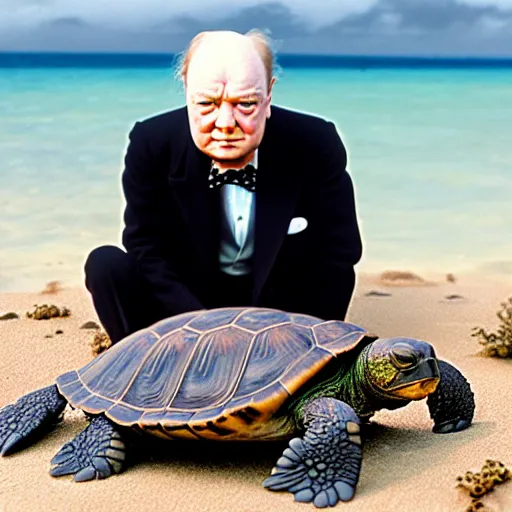 Prompt: A confounded Winston Churchill discovers the first turtle ever in Galapagos, national geographic, XF IQ4, f/11, ISO 200, 1/500s, 4k, 8K, RAW, symmetrical face, directed gaze
