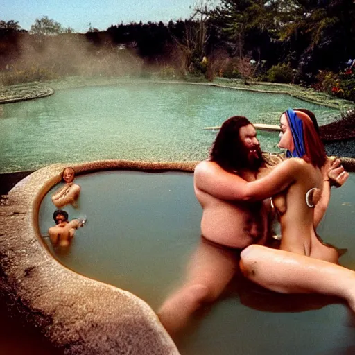 Prompt: big sir sitting in a hot spring with a super model, film still