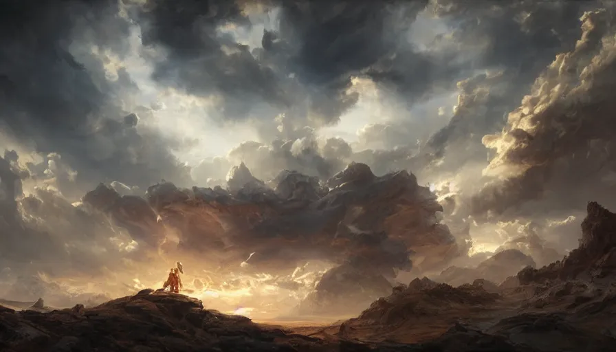 Image similar to excellent painted daemon in a wide epic beautiful landscape somewhere on jupiter with fluffy clouds, painted by Hans Fredrik Gude, Greg Rutkowksi, Craig Mullins and Artgerm, masterpiece, 4k, ultra realistic highly detailed oil painting