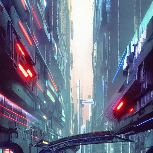 Image similar to busy cyberpunk futuristic cityscape located under a bridgeway, world seen only through a portal, daylight, cinematic perspective, cinematic lighting, blue sky, syd mead, john harris, symmetrical