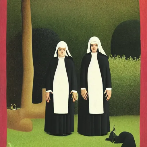 Prompt: two weird nuns standing side by side in a weird garden, weird, weirder, weirdest, by henri rousseau, moucha, stanley kubrick, masterpiece, beautiful, deep spatial depth, atmospheric perspective, wide angle lens