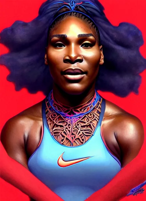 Image similar to serena williams as nike godess of victory, wings, wax figure, glowing eyes, volumetric lights, red and cyan theme, art nouveau botanicals, intricate, highly detailed, digital painting, artstation, concept art, smooth, sharp focus, cinematic, illustration, beautiful face, art by artgerm and greg rutkowski and alphonse mucha