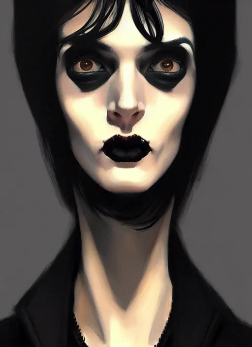 Image similar to portrait of a lanky woman with a crooked nose and a confident expression, 1 9 6 0 s, black clothes, goth, punk, funk, intricate, elegant, highly detailed, digital painting, artstation, concept art, smooth, sharp focus, illustration, art by wlop, mars ravelo and greg rutkowski