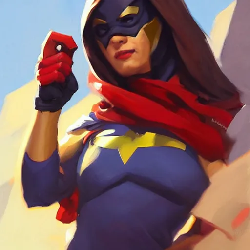 Image similar to greg manchess portrait painting of ms. marvel as overwatch character, medium shot, asymmetrical, profile picture, organic painting, sunny day, matte painting, bold shapes, hard edges, street art, trending on artstation, by huang guangjian and gil elvgren and sachin teng