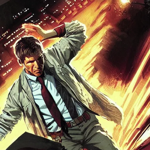 Prompt: Young Harrison Ford as a superhero, dramatic scene, manga panel, 8k, art by Akihiko Yoshida and Greg Rutkowski