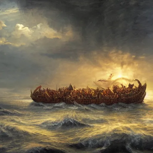 Prompt: breathtaking detailed concept art painting of noah's ark sailing across the flooded earth, sun half covered by dark clouds