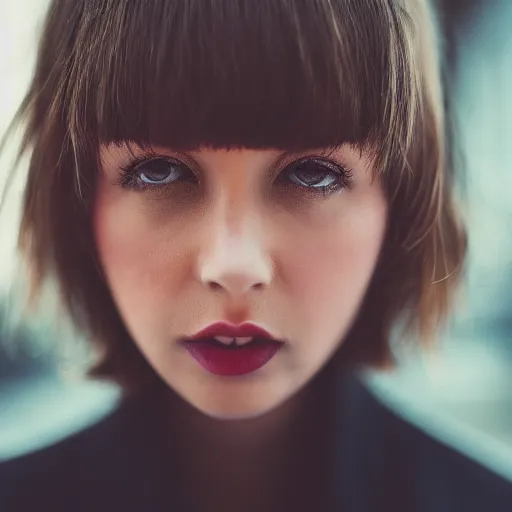 Image similar to fashion model short hair bangs looking into lens heavy bokeh modern fashion look