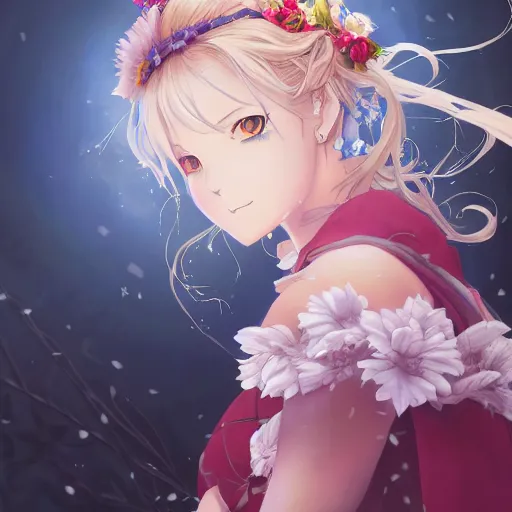 Image similar to portrait of lady avalon the mage of flowers, anime fantasy illustration by tomoyuki yamasaki, kyoto studio, madhouse, ufotable, square enix, cinematic lighting, trending on artstation