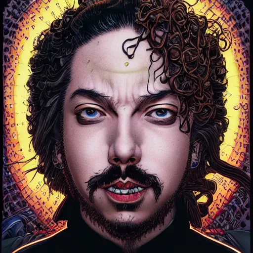 Image similar to portrait of crazy post malone, symmetrical, by yoichi hatakenaka, masamune shirow, josan gonzales and dan mumford, ayami kojima, takato yamamoto, barclay shaw, karol bak, yukito kishiro