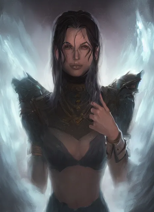 Image similar to A fantasy comic book style portrait painting of a stunning female as a Sorcerer in a atmospheric dark fortress, unreal 5, DAZ, hyperrealistic, octane render, RPG portrait, ambient light, dynamic lighting