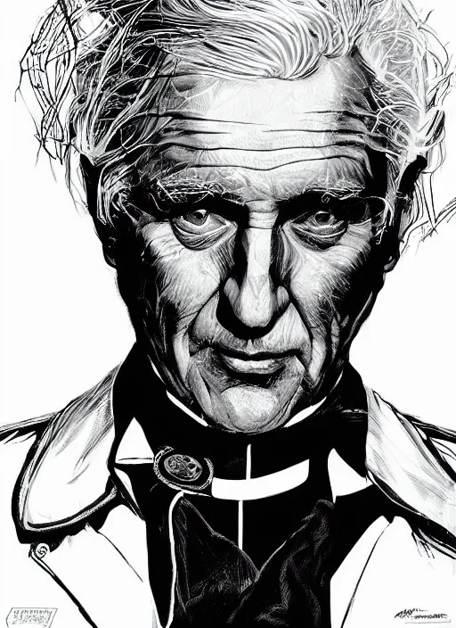 Prompt: an old chaplain with white hair, old priest wearing black clothes, backcombed white hair. art by martin ansin, martin ansin artwork. portrait.