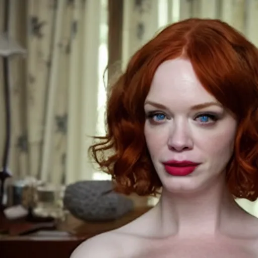 Image similar to amazing beautiful Christina Hendricks with huge puffy lips in the living room, film still from the movie directed by Denis Villeneuve , wide lens