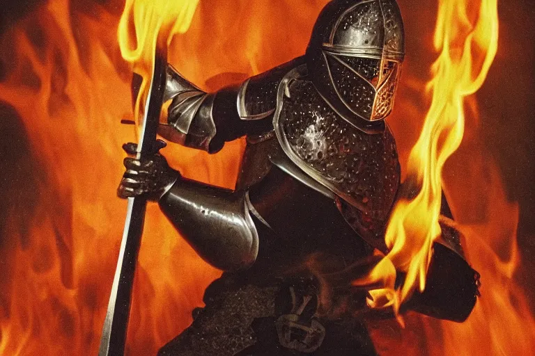 Image similar to photo of a medieval knight holding a sword in flames, award winning, ultradetailed