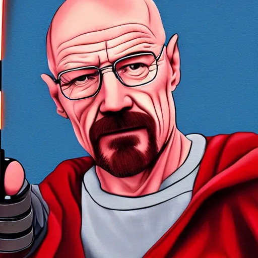 Image similar to Walter White holding a red light saber, accurate anatomy, accurate hands, highly detailed, digital art, portrait,