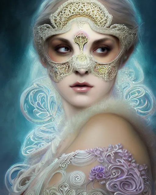 Image similar to beautiful ethereal maiden in a ivory masquerade mask intricate ornate fractal-lace and gemstones, wearing stunning ivory dress, pastel color palette, full view, soft lighting, vivid, Hyperdetailed, 4k hd matte painting by Artgerm, Greg Rutkowski, Klimt, James Jean, 8k resolution, enchanting and otherworldly, Artstation, rendered in octane, Hyperdetailed, front view