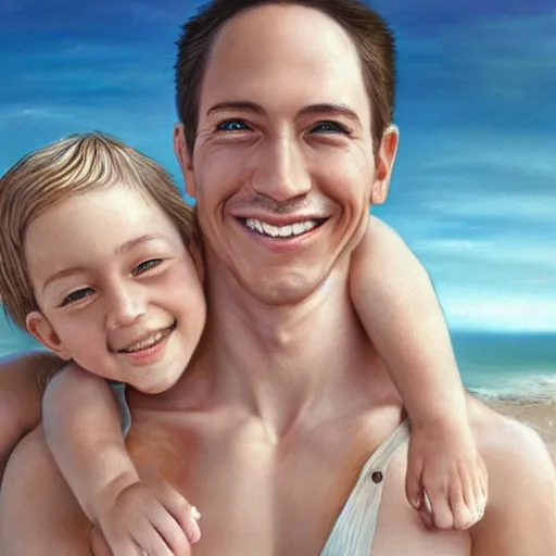 Image similar to portrait of a happy family at the beach, photo, realistic, smooth face, perfect eyes, wide angle, sharp focus, 8 k high definition, insanely detailed, intricate, elegant, art by artgerm