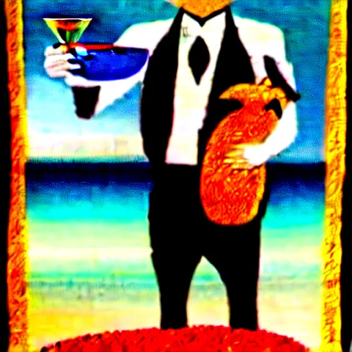 Image similar to a man holding a martini with an otter swimming in it while the otter gives a thumbs up in a 1 9 2 0 s advertisement poster