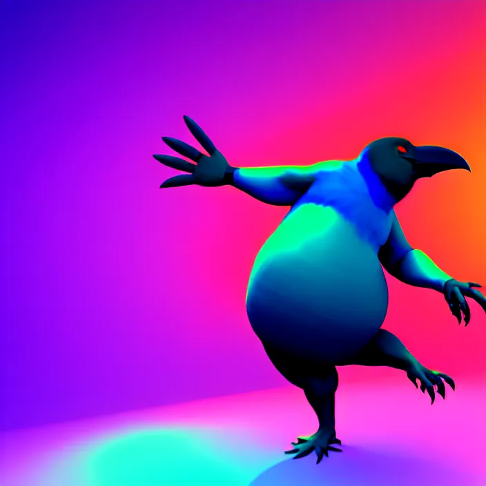 Prompt: 3 d render of a fat anthropomorphic raven fursona dancing at a rave, psychedelic, furry, cute, vivid saturation, octane render