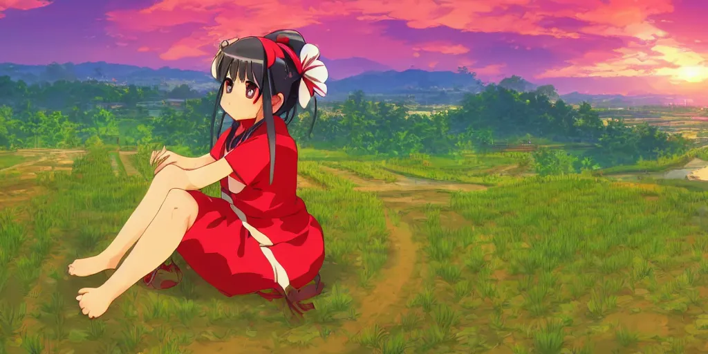 Prompt: reimu sitting on a hill off to the side overlooking rice paddies during sunset cinematic, deep vibrant colors, anime illustration, anime screenshot composite background, visual novel, dating sim