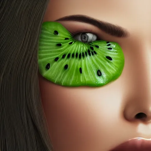 Prompt: close up of female model with green juicy kiwifruit slices covering her eyes. 4K award winning photorealistic. smooth, sharp focus, illustration by artgerm and greg rutkowski Artgerm 8k