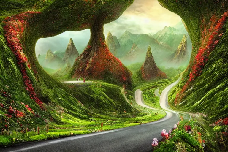 Image similar to road to the mountains in the elf forest, fantasy, beautiful landscape, many flowers after rain, Igor Morski