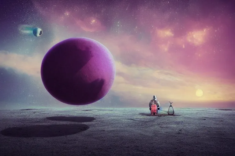 Prompt: gediminas pranckevicius astronaut sitting at the beach next to his spaceship on a pink, blue, purple alien planet watching the sunset, surreal photography, dark night, stars, planets, moon light,