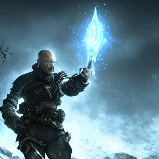 Image similar to Walter White in Skyrim, League of Legends amazing splashscreen artwork, (Gears of War), splash art,natural light, elegant, photorealistic facial features, intricate, fantasy, detailed face, atmospheric lighting, anamorphic lens flare, cinematic lighting, league of legends splash art, hd wallpaper, ultra high details by Greg rutkowski