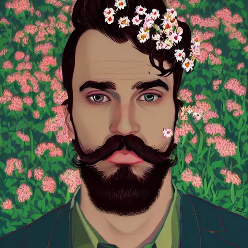 Image similar to portrait of a man with a moustache standing in front of flowers, tumblr contest winner, aestheticism, masculine, aesthetic, ilya kuvshinov