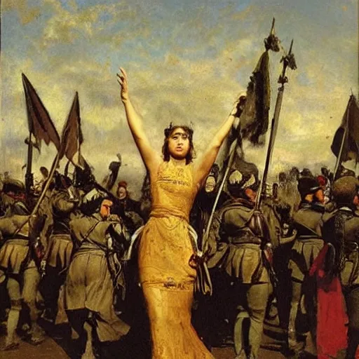 Image similar to action heroine leading an army, by alfred stevens