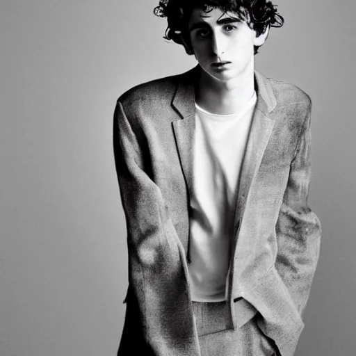 Prompt: a beautiful portrait of timothee chalamet, moody, raw, handsome, seductive, natural lighting, award winning photo by collier schorr from gq magazine 2015