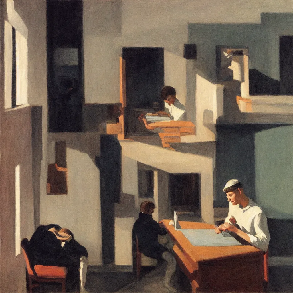 Image similar to i, a young man playing his iphone, by edward hopper